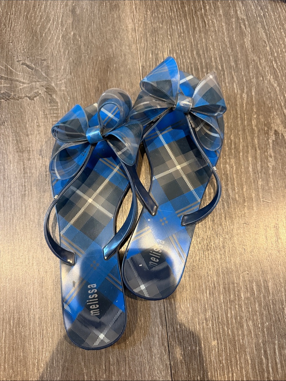 Melissa Girls Blue Plaid Bow Jelly Flip Flops